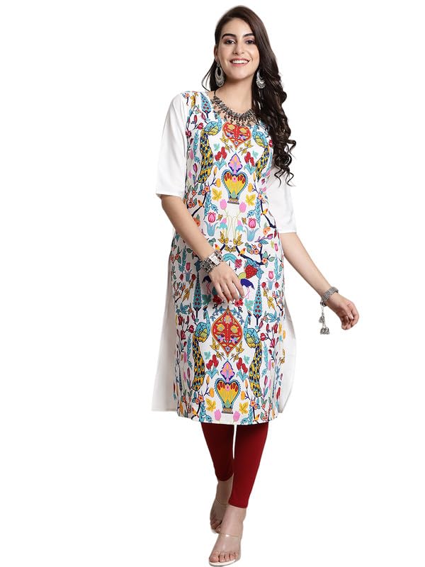 Pinkmint Elegant Printed Crepe KurtiS For WomenS Ll Fashionable Kurti Ll Stright Round Neck Kurti White