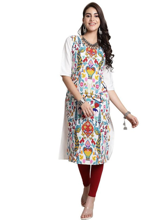 Pinkmint Elegant Printed Crepe KurtiS For WomenS Ll Fashionable Kurti Ll Stright Round Neck Kurti White
