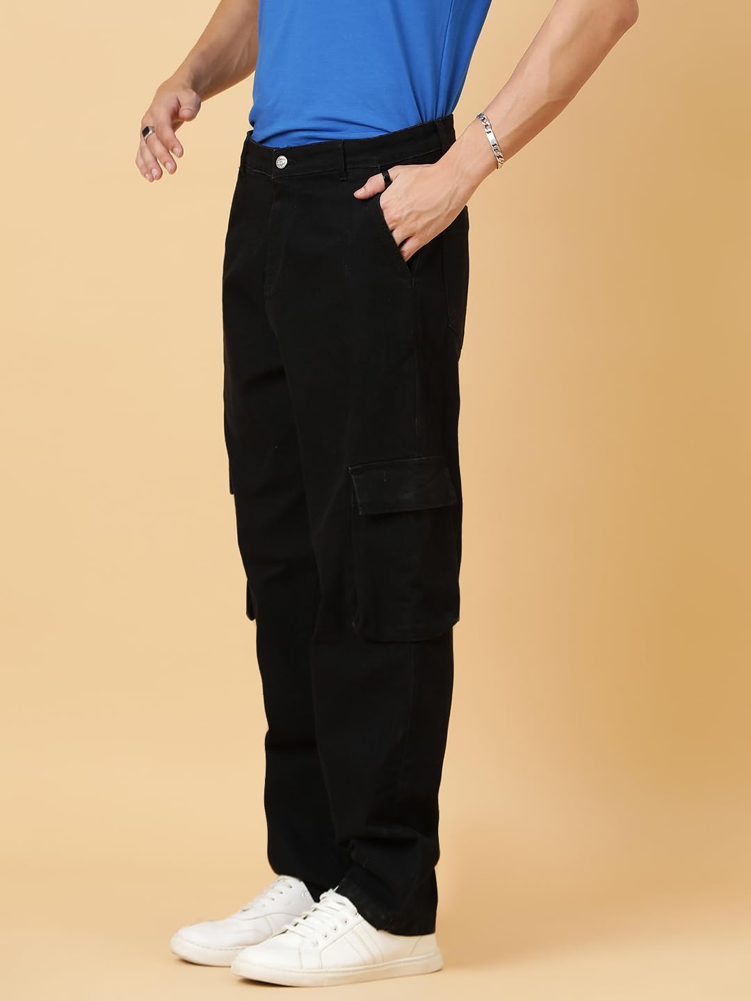 Kotty MenS Solid Mid Rise Straight Fit Stylish Looking Cargo Jeans(Black,28)
