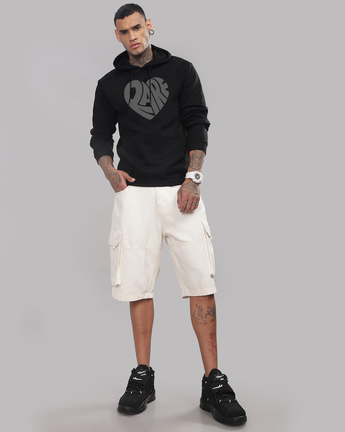 ADRO Men's Cotton Neck Hooded Sweatshirt (H24-RARE-BL_Black