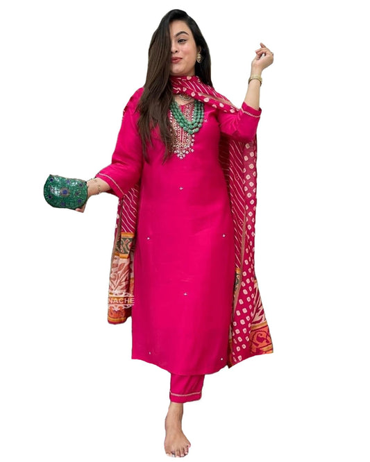Gosriki WomenS Rayon Blend Straight Embroidered Kurta With Pant & Dupatta (Anurita Pink-Gs_L_Pink_Large)