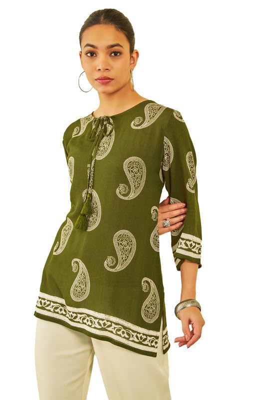 Soch Womens Green Crepe Paisley Printed Ethnic Tunic with Tie-Ups Tassels