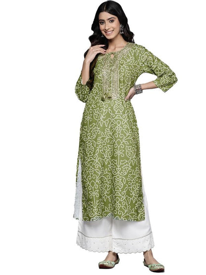 Varanga Women Olive Bhandhani Print Gota Yoke Embroidered Kurta With Round Neck, Tassel Detailing, Three-Quarter Sleeves, Straig