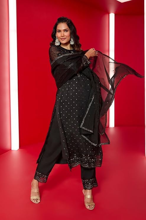 Soch Womens Black Sequinned Embellished Brocade Suit Set