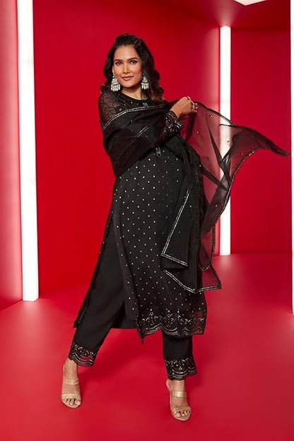 Soch Womens Black Sequinned Embellished Brocade Suit Set