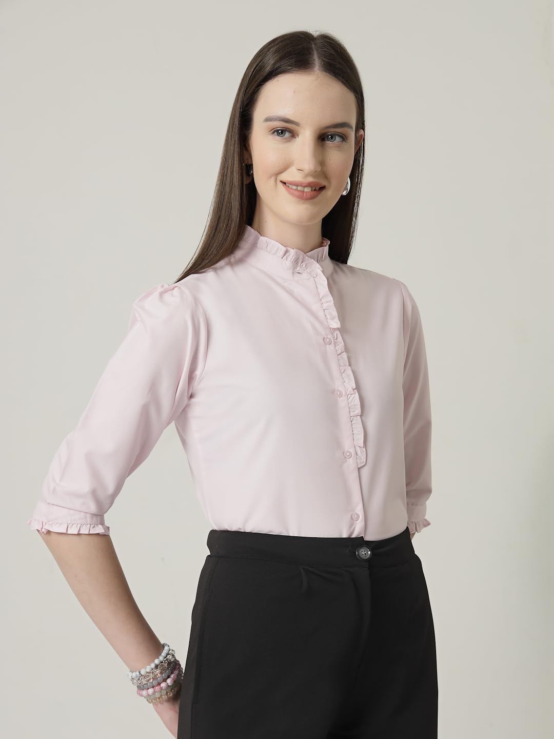 Style Quotient Women Pink Shirt with 3/4th Sleeves & Front Frill