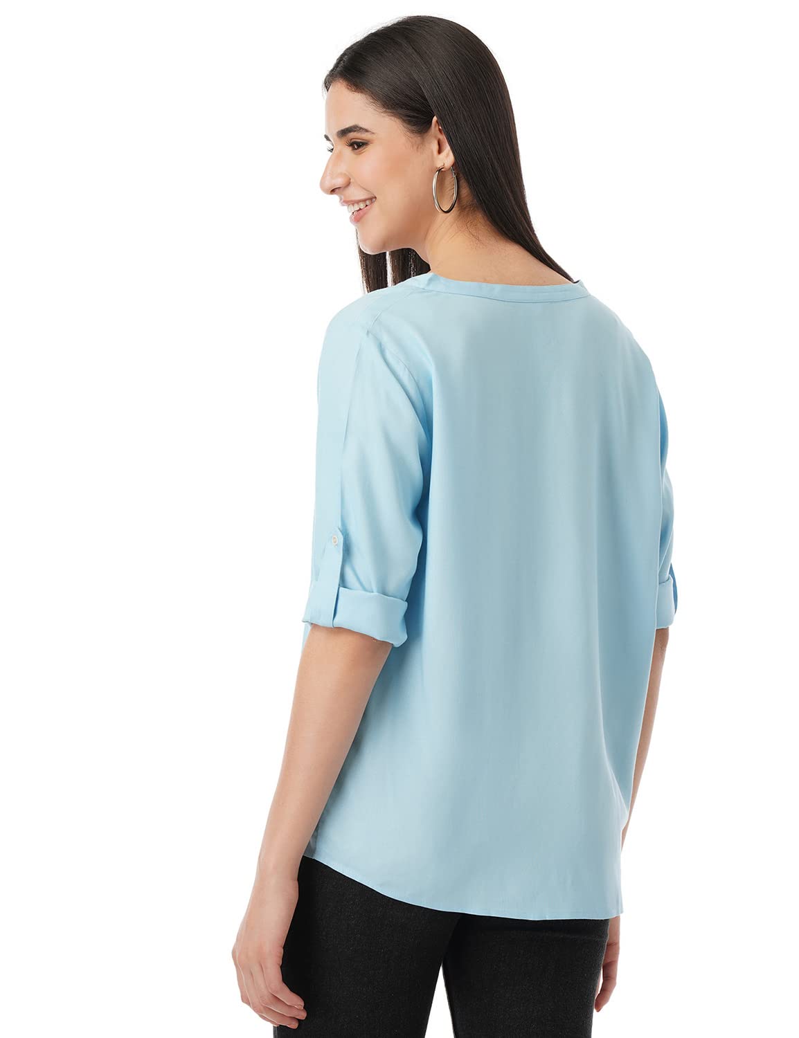 FYLTR Womens Fashion V-Neck Top with Roll-up Sleeves