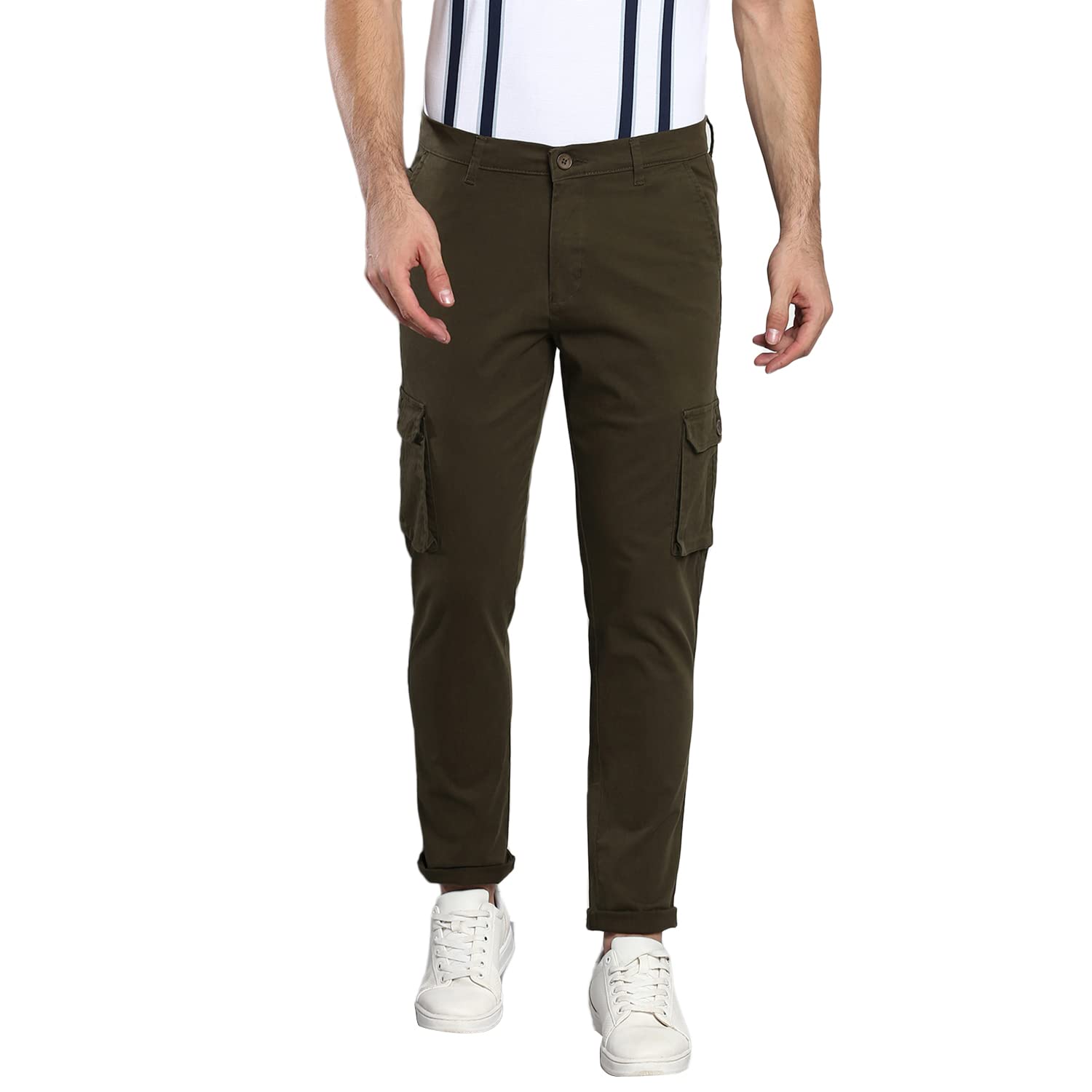 Dennis Lingo Mens Casual Solid Cotton Tapered Fit Mid Rise Ankle Length Multi-Pocket Stretchable Cargo Pant/Trousers (Dark Gree