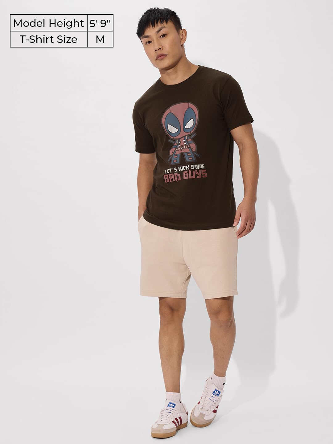 The Souled Store Official Deadpool: Lets Kick Bad Guys Men and Boys Short Sleeves Round Neck Brown Graphic Printed Regular Fit