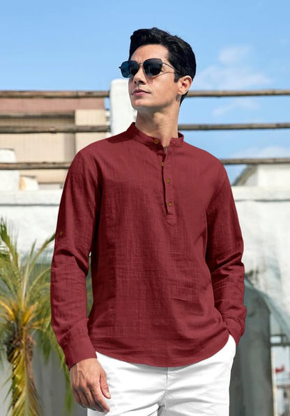 Finivo Fashion MenS Cotton Polyester Blend Solid Regular Fit Full Sleeve Short Kurta Maroon