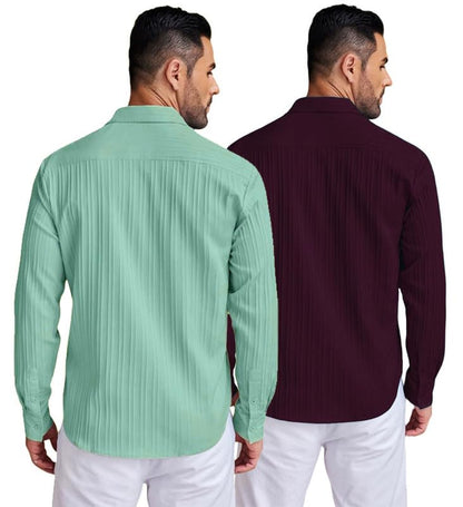 Deelmo Combo Of MenS Casual Button Down Shirts Long Sleeve Linen Shirt Fashion Textured Summer Shirts Pack Of 2