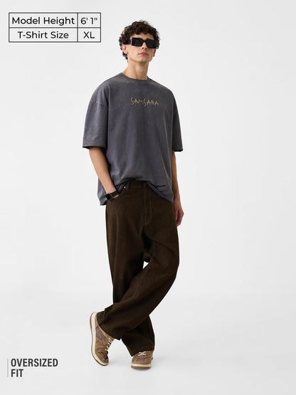 The Souled Store Samsara Men and Boys Short Sleeves Round Neck Grey Graphic Printed Cotton Super Oversized T-Shirts