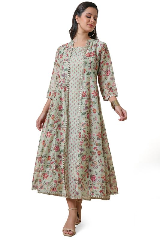 Soch Womens Sap Green Printed Chanderi Blend Dress With Jacket