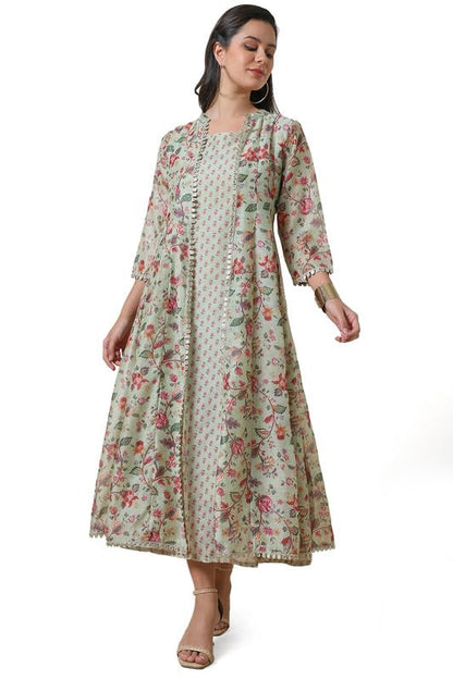 Soch Womens Sap Green Printed Chanderi Blend Dress With Jacket