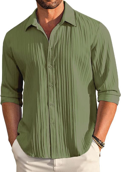 CB-COLEBROOK Mens Casual Button Down Shirts Long Sleeve Linen Shirt Fashion Textured Beach Summer Shirt (in, Alpha, 2XL, Regula