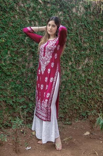 GoSriKi Rayon Blend Chikankari Kurta for Women, XXL, Pink, Model Victoria Purple-GS