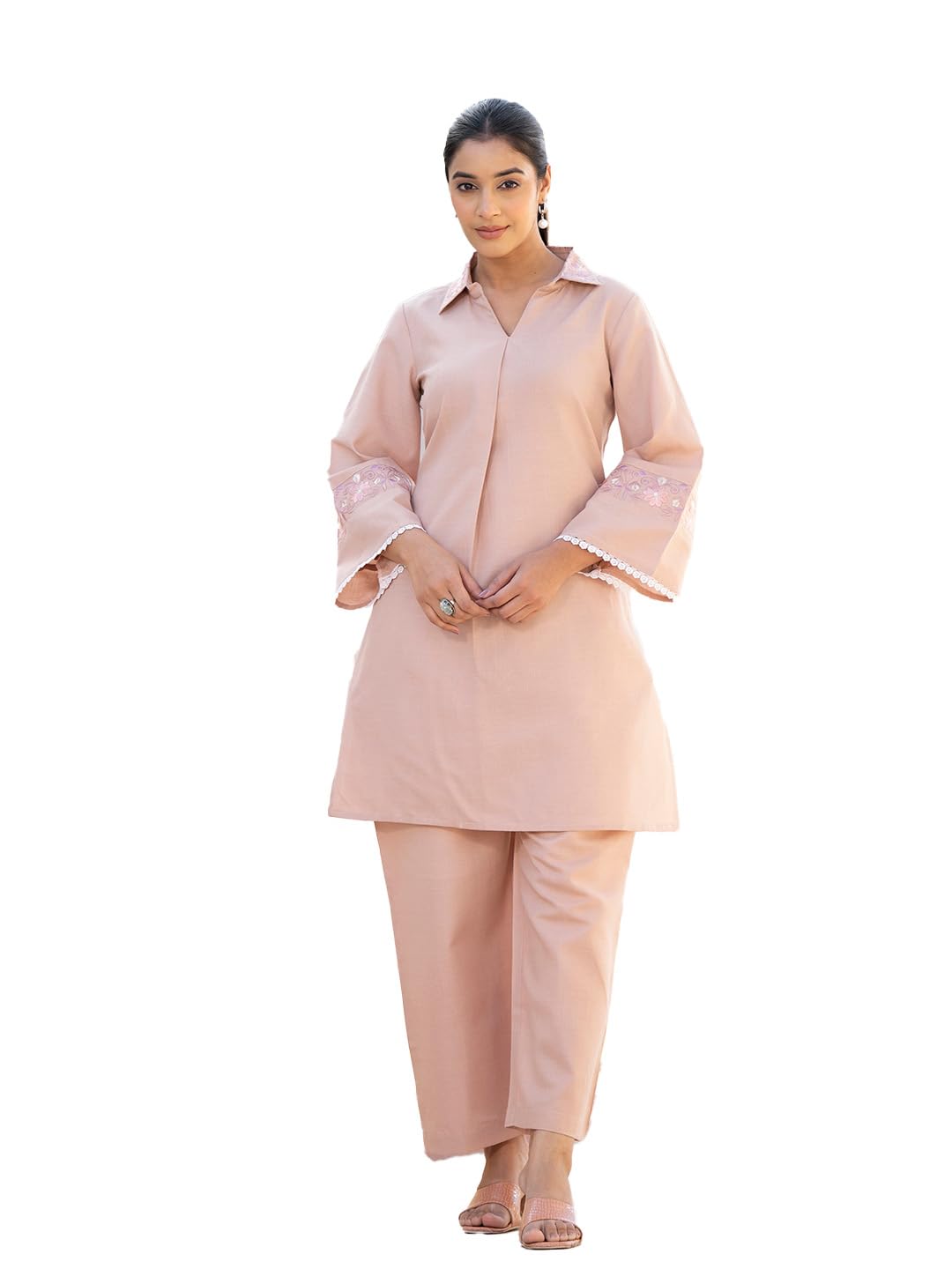 Varanga Embroidered Shirt Collar Tunic With Palazzo - Comfortable Fit, Stylish Design, Versatile Wear, Lightweight Fabric, And V
