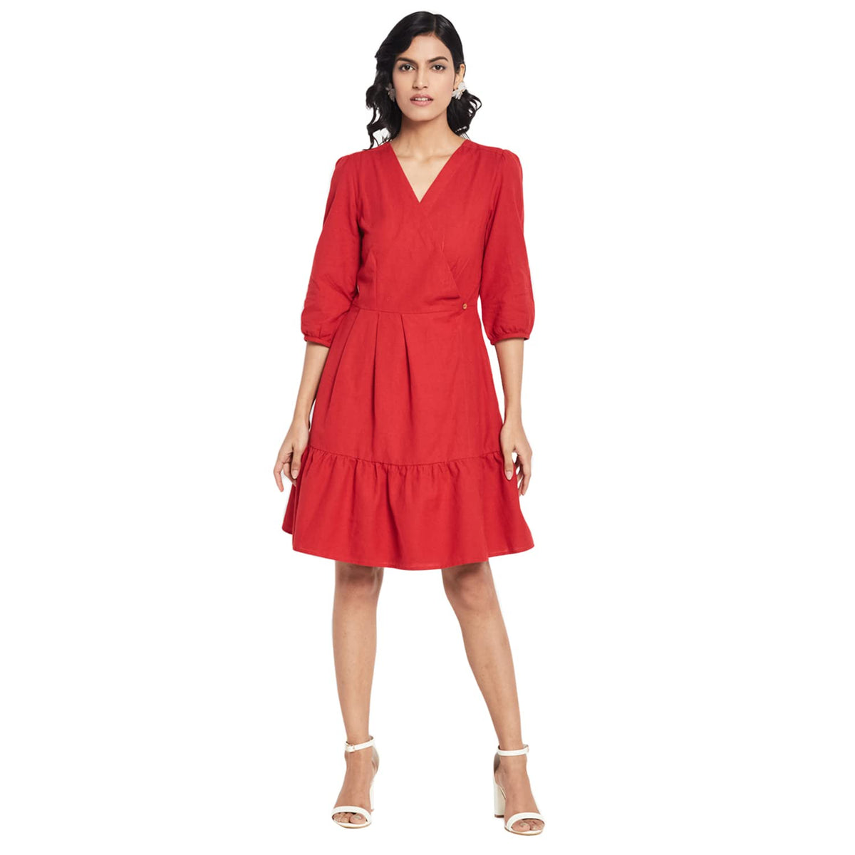 Fabindia Women Cotton Linen Knee Length Midi Dress Red_Xs