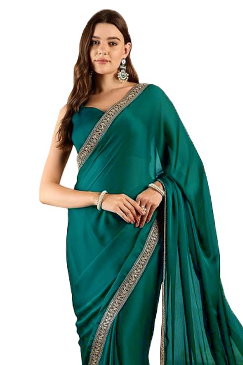 Cb-Colebrook Women'S Soft Satin Saree With Embroidered Sequin Border With Blouse Piece, Traditional Indian Ethnic Wear, Party, W