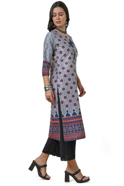 Soch Womens Grey Ethnic Motifs Kurta with Tie-Up Neck