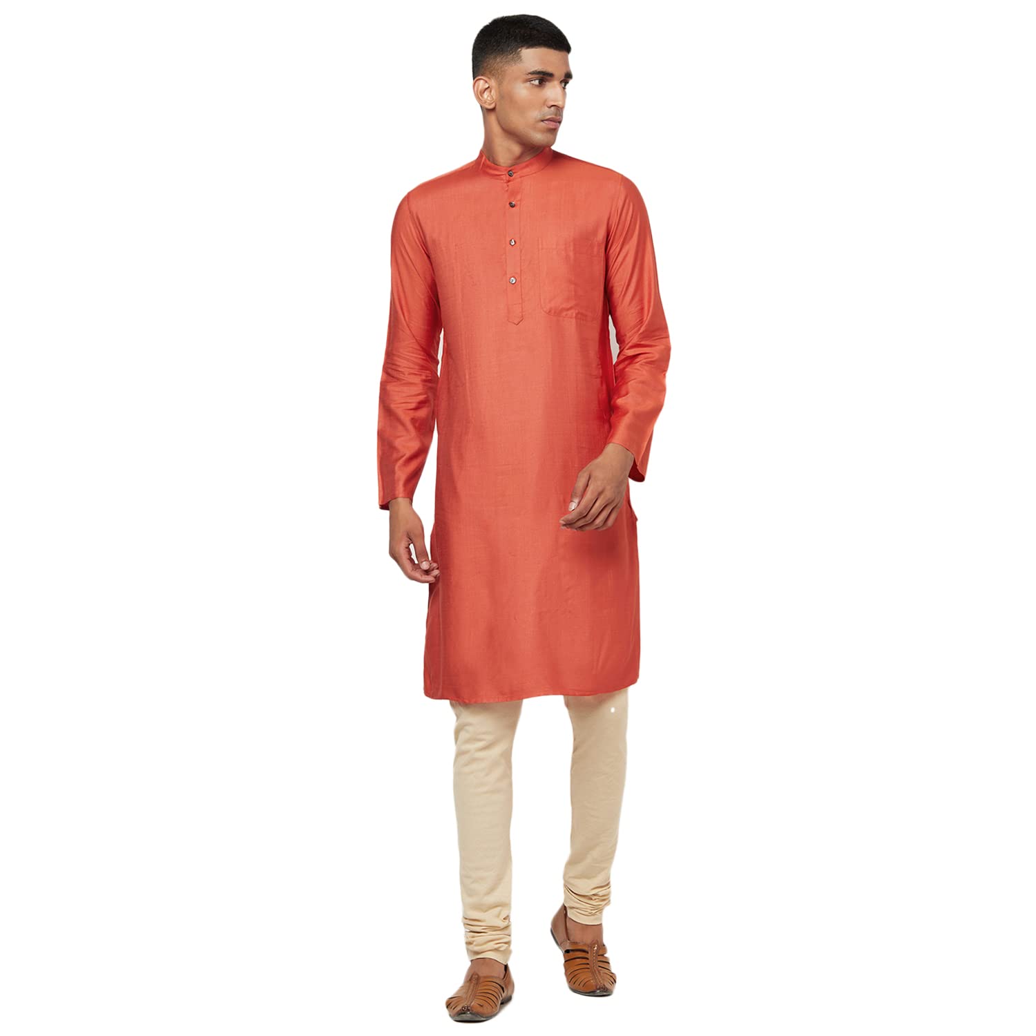 Fabindia Men Tussar Slim Fit Long Kurta Viscose_L Yellow