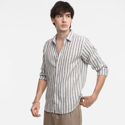 Campus Sutra Mens Charcoal Grey Heathered-Stripe Shirt for Casual Wear | Spread Collar | Long Sleeve | Button Closure | Shirt C