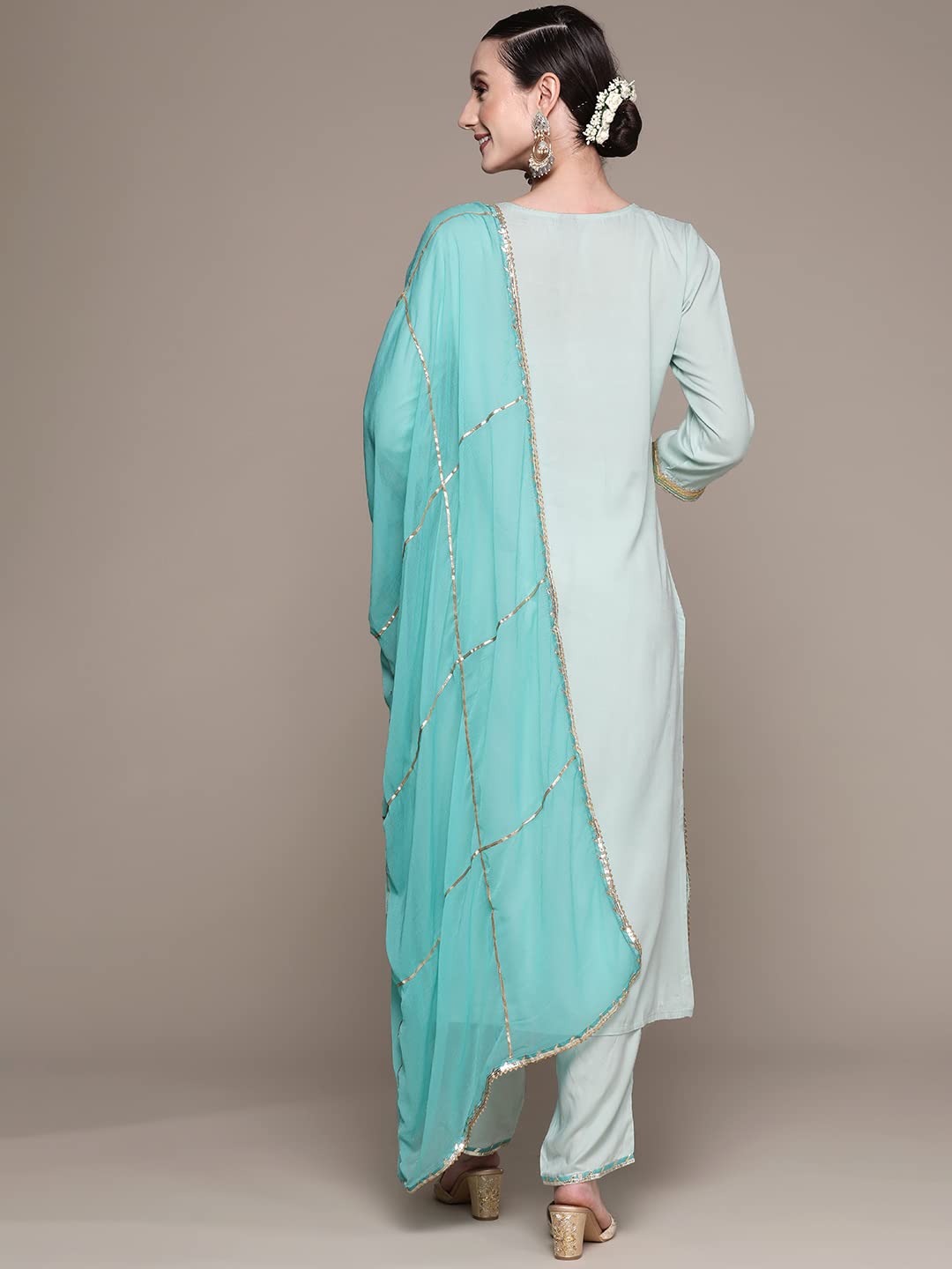 ishin Women's Viscose Rayon Embroidered A-Line Kurta suit set With Dupatta & Pants
