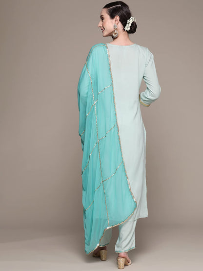 ishin Women's Viscose Rayon Embroidered A-Line Kurta suit set With Dupatta & Pants