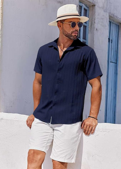 CB-COLEBROOK Mens Casual Button Down Soft Linen Shirts Short Sleeve Textured Summer Beach Shirts for Men (in, Alpha, L, Regular