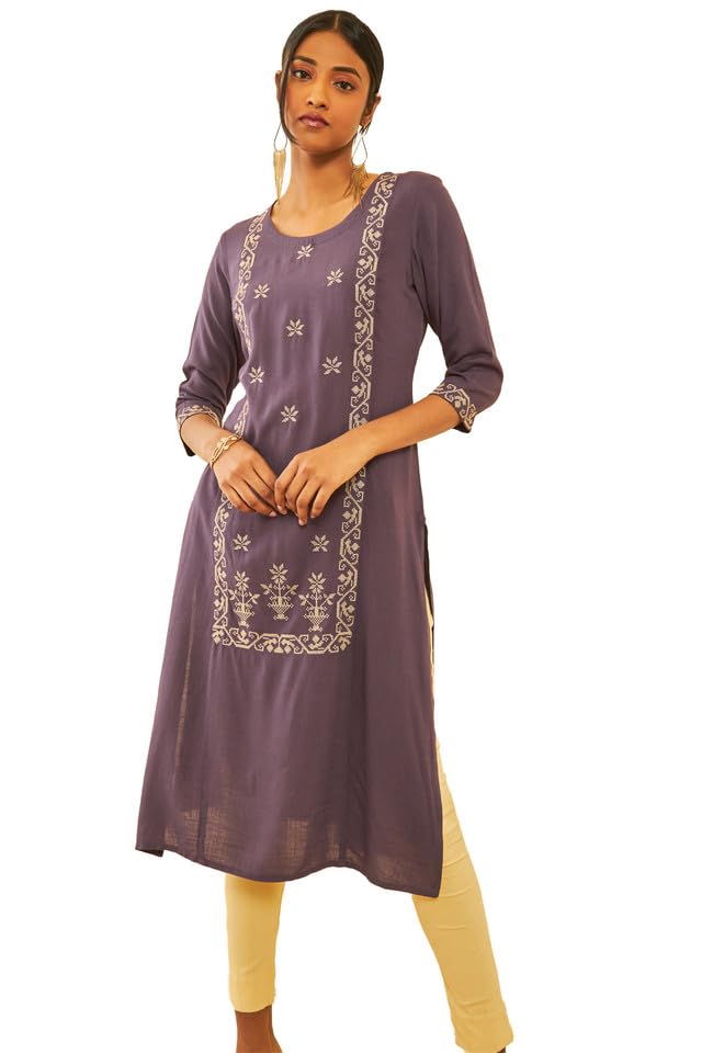 Soch Womens Purple Rayon Slub Zari Embroidered Panelled Straight Kurta