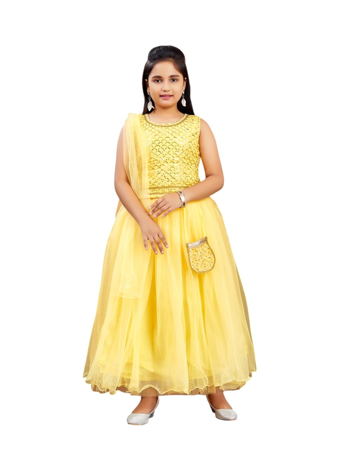 Aarika Girls Ethnic Wear Yellow Colour Sequin Embroidery Georgette Lehenga Choli Set Attached Bag (4-10 Years)