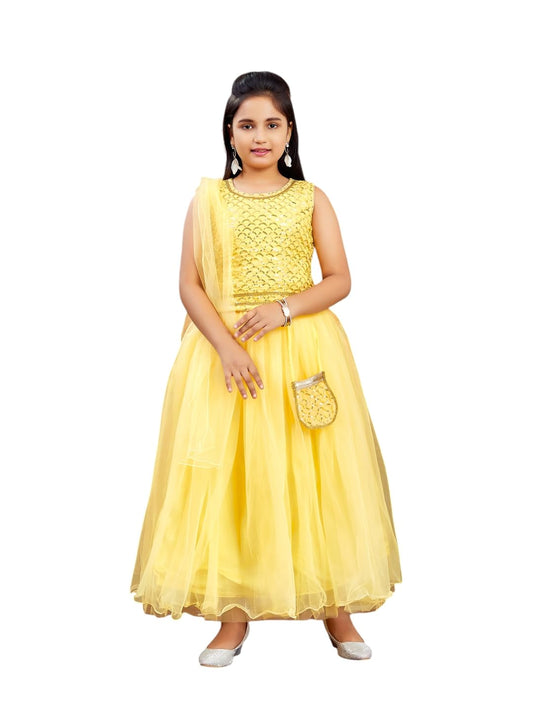 Aarika Girls Ethnic Wear Yellow Colour Sequin Embroidery Georgette Lehenga Choli Set Attached Bag (4-10 Years)