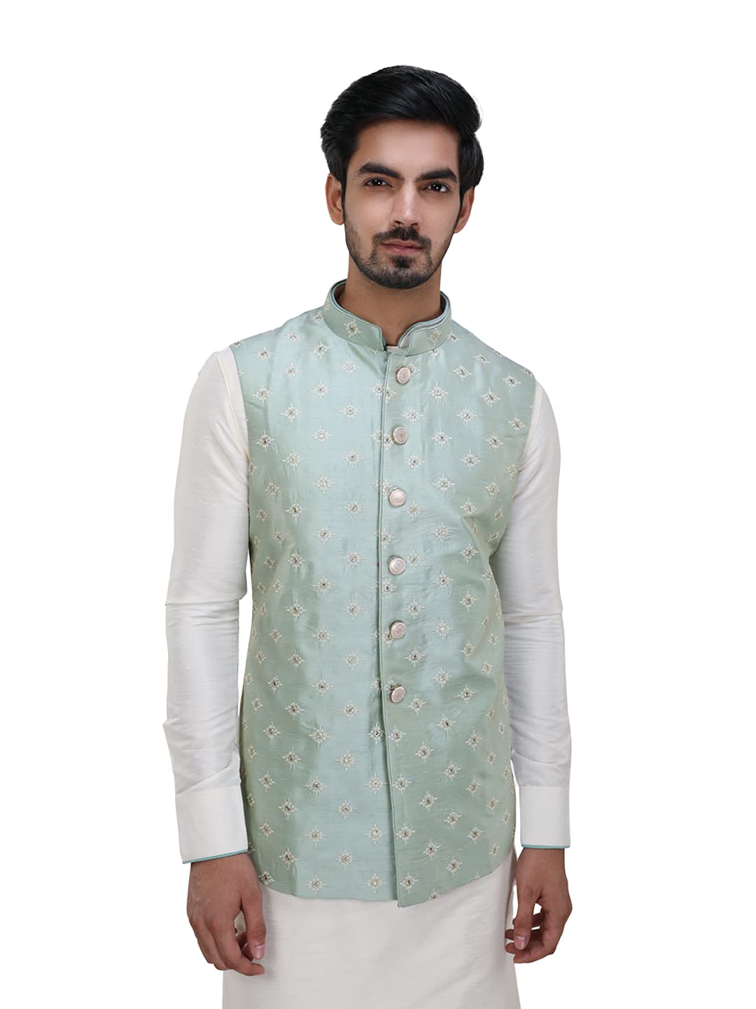 Manyavar Green Art Silk Embroidered Celebration Kurta Jacket Set With Mandarin Collar