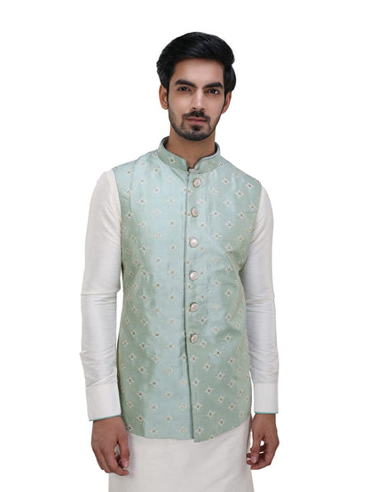 Manyavar Green Art Silk Embroidered Celebration Kurta Jacket Set With Mandarin Collar