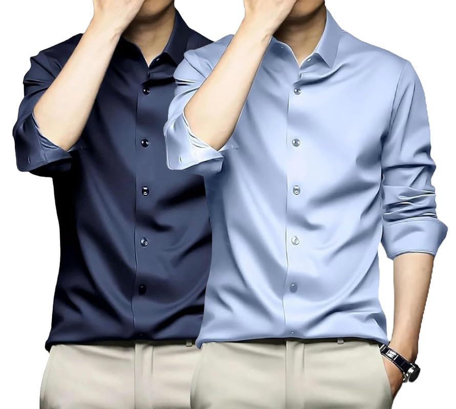 Deelmo Combo Of MenS Stylish Solid Satin Casual Shirt For Men Full Sleeves| Poly Satin Silk Shirt Pack Of 2 Navy-Sky