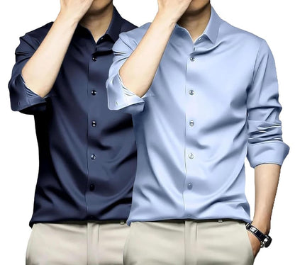 Deelmo Combo Of MenS Stylish Solid Satin Casual Shirt For Men Full Sleeves| Poly Satin Silk Shirt Pack Of 2 Navy-Sky