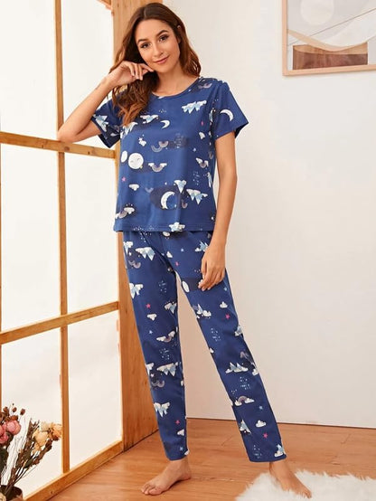 SMOWKLY Womens Cartoon Print Pyjama Set  Round Neck Short Sleeve Top & Pajama | Soft Cotton Blend Night Suit, Nightwear & Lounge