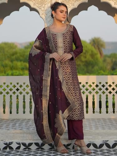 Libas Womens Woven Design Silk Blend Straight Kurta With Palazzos And Dupatta