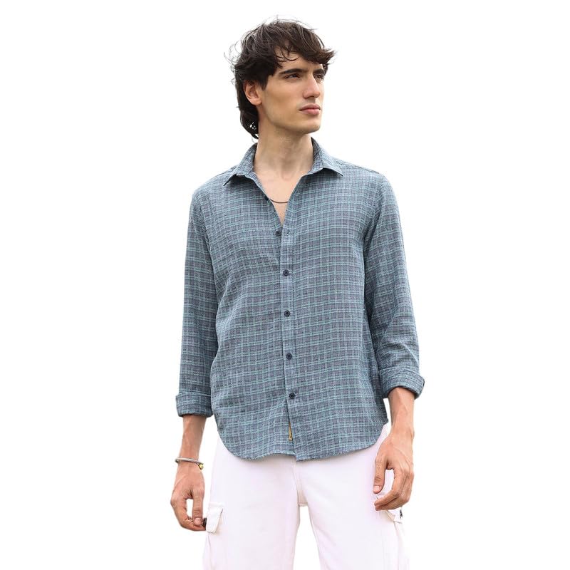 Campus Sutra Mens ICY Blue Micro-Tartan Plaid Shirt | Casual Wear | Spread Collar | Long Sleeve | Button Closure | Shirt Crafte