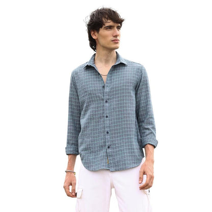 Campus Sutra Mens ICY Blue Micro-Tartan Plaid Shirt | Casual Wear | Spread Collar | Long Sleeve | Button Closure | Shirt Crafte