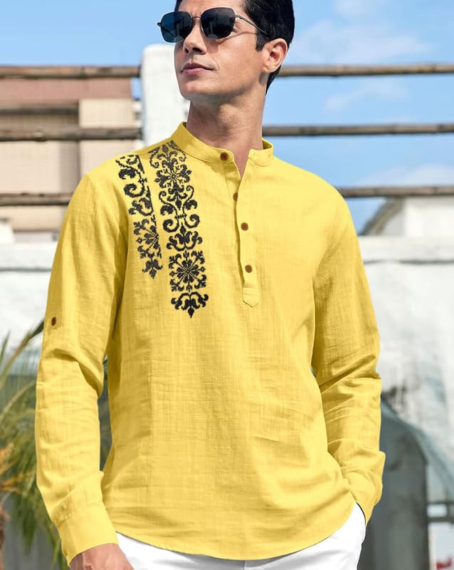 Finivo Fashion MenS Cotton Blend Short Kurta Shirt | Casual Ethnic Wear With Roll-Up Sleeves & Mandarin Collar | Comfortable Fi