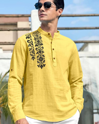 Finivo Fashion MenS Cotton Blend Short Kurta Shirt | Casual Ethnic Wear With Roll-Up Sleeves & Mandarin Collar | Comfortable Fi