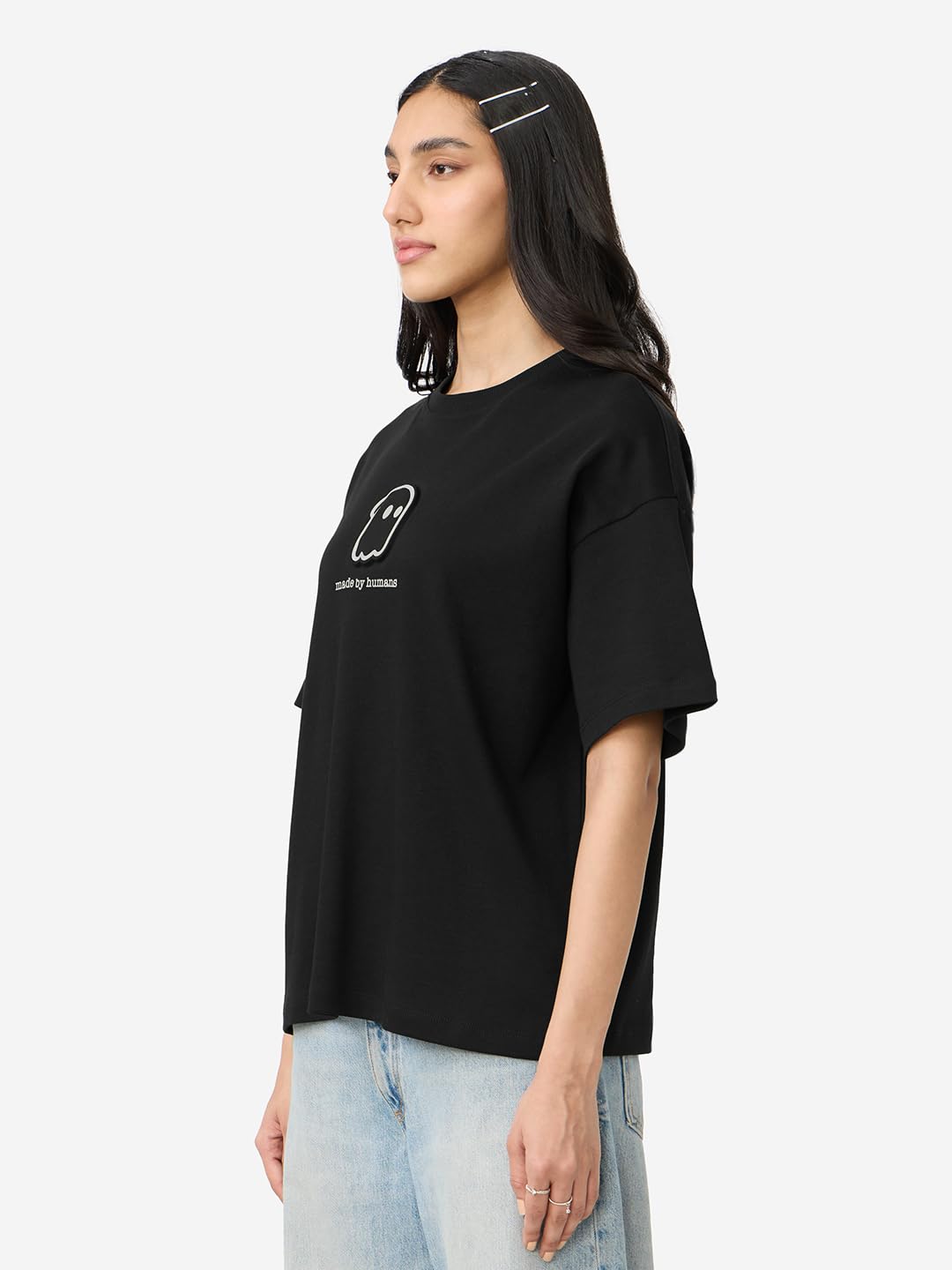The Souled Store Holograph Women and Girls Short Sleeves Round Neck Black Graphic Printed Cotton Oversized T-Shirts
