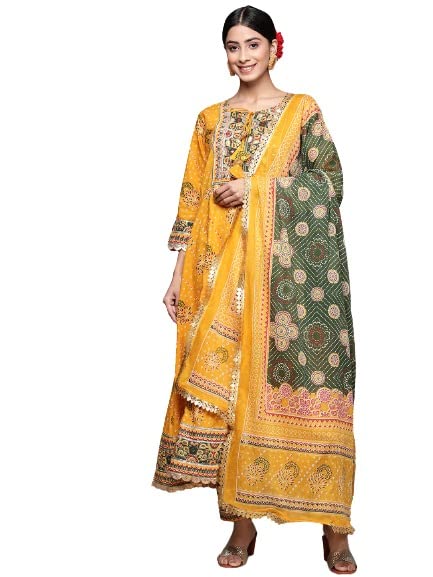anubhutee Women's Cotton Mustard Ethnic Motifs Printed Flared Kurta Suit Set With Pants And Dupatta