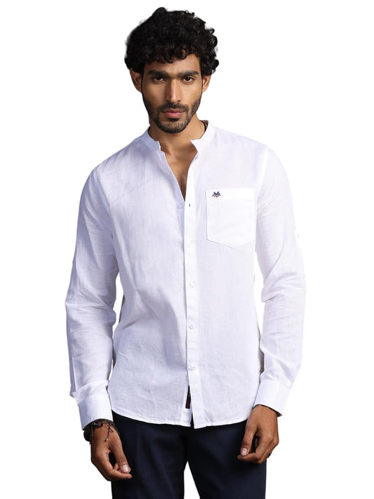 Thomas Scott 100% Cotton Linen Mandarin Collar Roll Up Sleeve Casual Shirts for Mens White