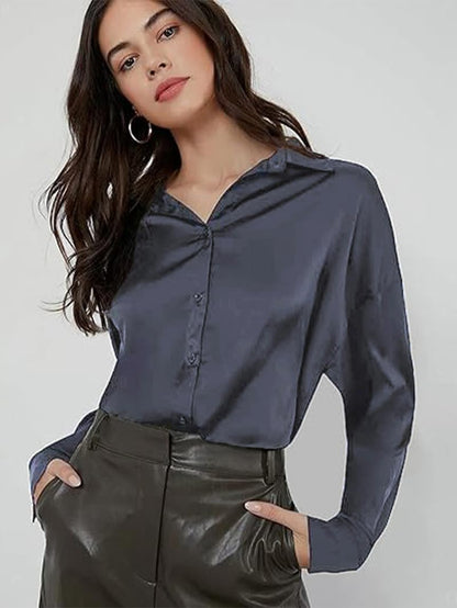 CB-COLEBROOK Womens Blouse Satin Silk Stylish Shirts Button Down Solid Shirts Casual Loose Long Sleeve Office Work Tunic Wester