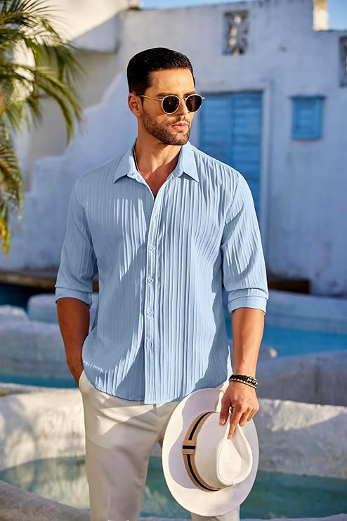 CB-COLEBROOK Mens Casual Button Down Shirts Long Sleeve Linen Shirt Fashion Textured Beach Summer Shirts| Men Stylish Shirt | M