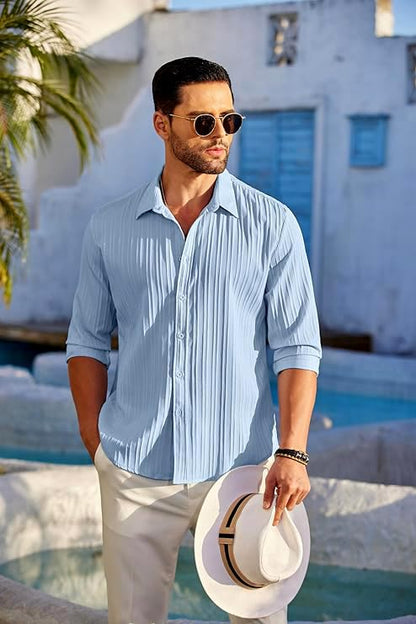 CB-COLEBROOK Mens Casual Button Down Shirts Long Sleeve Linen Shirt Fashion Textured Beach Summer Shirts| Men Stylish Shirt | M