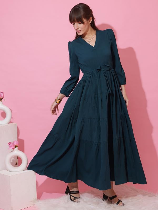 Sheetal Associates WomenS Casual 3/4 Sleeve Crepe Fit And Flare Dress| Comfortable Relaxed Fit Summer Party Dress Dark Green