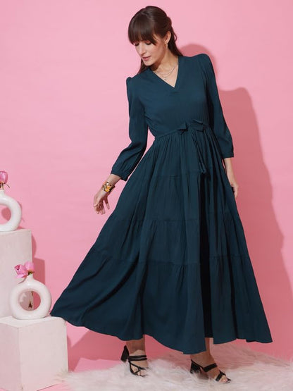 Sheetal Associates WomenS Casual 3/4 Sleeve Crepe Fit And Flare Dress| Comfortable Relaxed Fit Summer Party Dress Dark Green